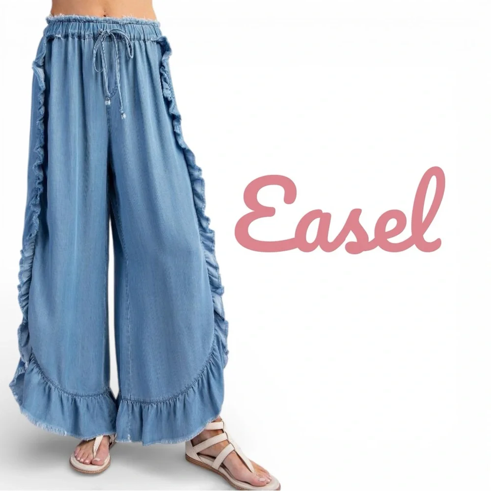 Easel light blue chambray denim wide leg elastic waist pull on pants size Large - Picture 1 of 13
